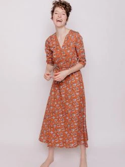 Mata Traders Aditi Hazelnut Floral Tencel Wrap Dress Clothing