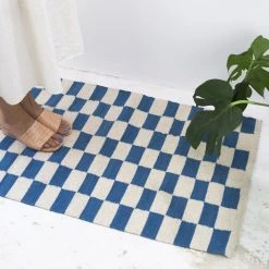 Archive New York Zapotec Checkered Wool Rug - Blue + Ivory
