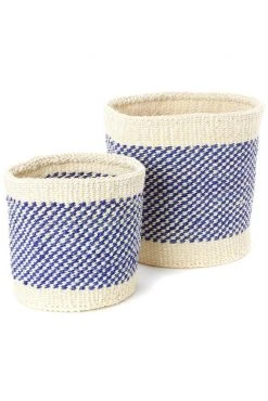 Swahili African Modern Home Goods Blue And Cream Twill Sisal Nesting Basket Set