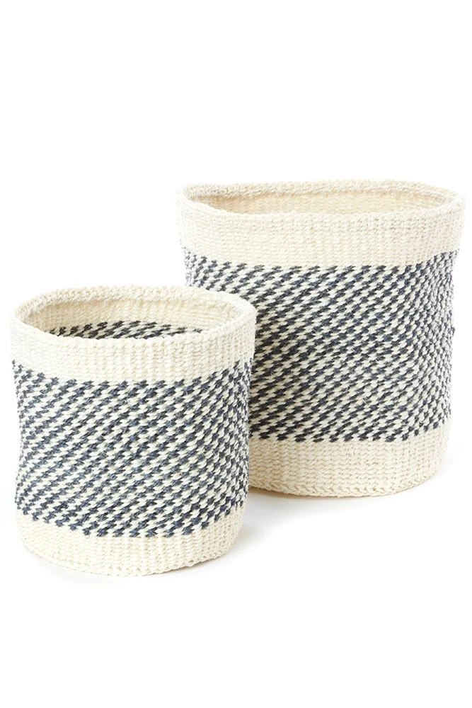 Swahili African Modern Home Goods Charcoal And Cream Twill Sisal Nesting Baskets 3 Swahili African Modern Home Goods Charcoal And Cream Twill Sisal Nesting Baskets