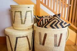 Swahili African Modern Chestnut Arrow Doum Palm Hamper Basket Set Home Goods