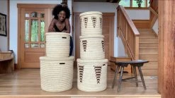 Swahili African Modern Chestnut Arrow Doum Palm Hamper Basket Set Home Goods