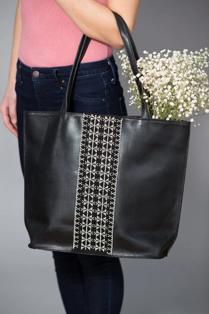Darzah Black Leather Tatreez Tote Bag Fair Trade 3 Darzah Black Leather Tatreez Tote Bag Fair Trade