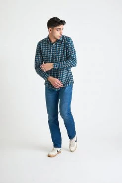 Dushyant Asthana Men's Amir Long Sleeve Shirt - Blue + Red Motif 9 Dushyant Asthana Men's Amir Long Sleeve Shirt - Blue + Red Motif