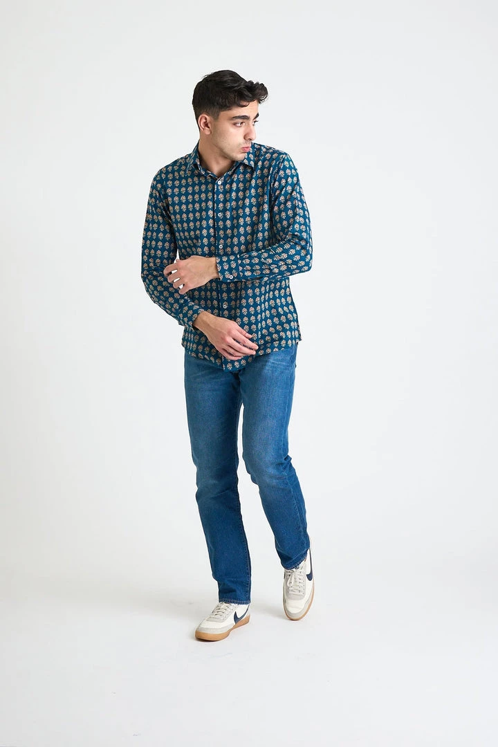 Dushyant Asthana Men's Amir Long Sleeve Shirt - Blue + Red Motif 6 Dushyant Asthana Men's Amir Long Sleeve Shirt - Blue + Red Motif