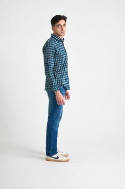 Dushyant Asthana Men's Amir Long Sleeve Shirt - Blue + Red Motif 8 Dushyant Asthana Men's Amir Long Sleeve Shirt - Blue + Red Motif