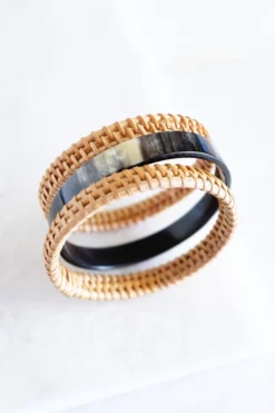 Hathorway Thuy Binh Buffalo Horn & Handwoven Rattan Bangle Bracelets