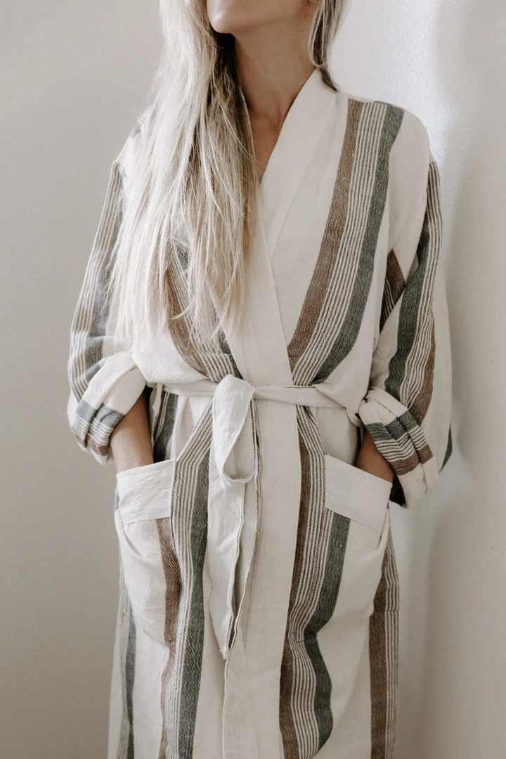 Home & Loft Hudson Unisex Long Turkish Robe - Brown + Cream 3 Home & Loft Hudson Unisex Long Turkish Robe - Brown + Cream