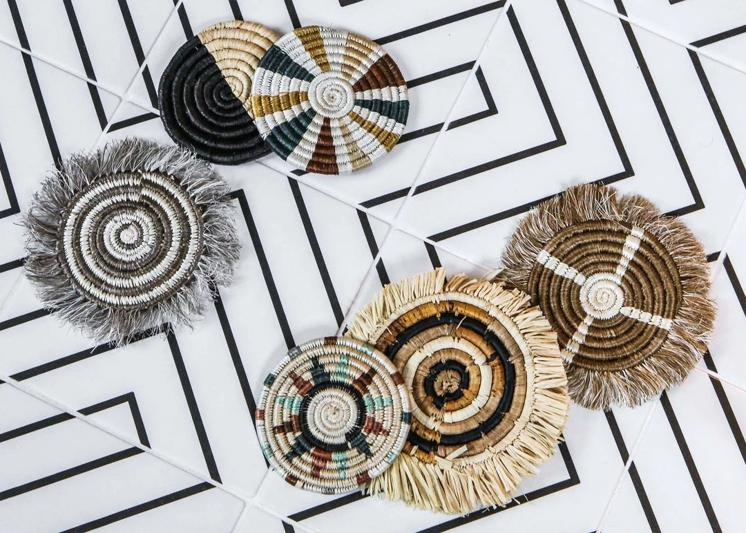 KAZI Banana Bark + Raffia Fringed Coasters Home Goods 4 KAZI Banana Bark + Raffia Fringed Coasters Home Goods