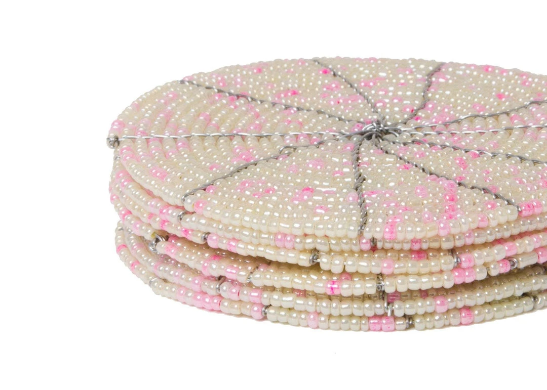 KAZI Beaded Soft Pink + Pearl Coasters 4 KAZI Beaded Soft Pink + Pearl Coasters