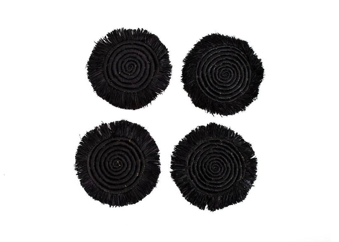 KAZI Home Goods Black Fringed Raffia Coasters 3 KAZI Home Goods Black Fringed Raffia Coasters