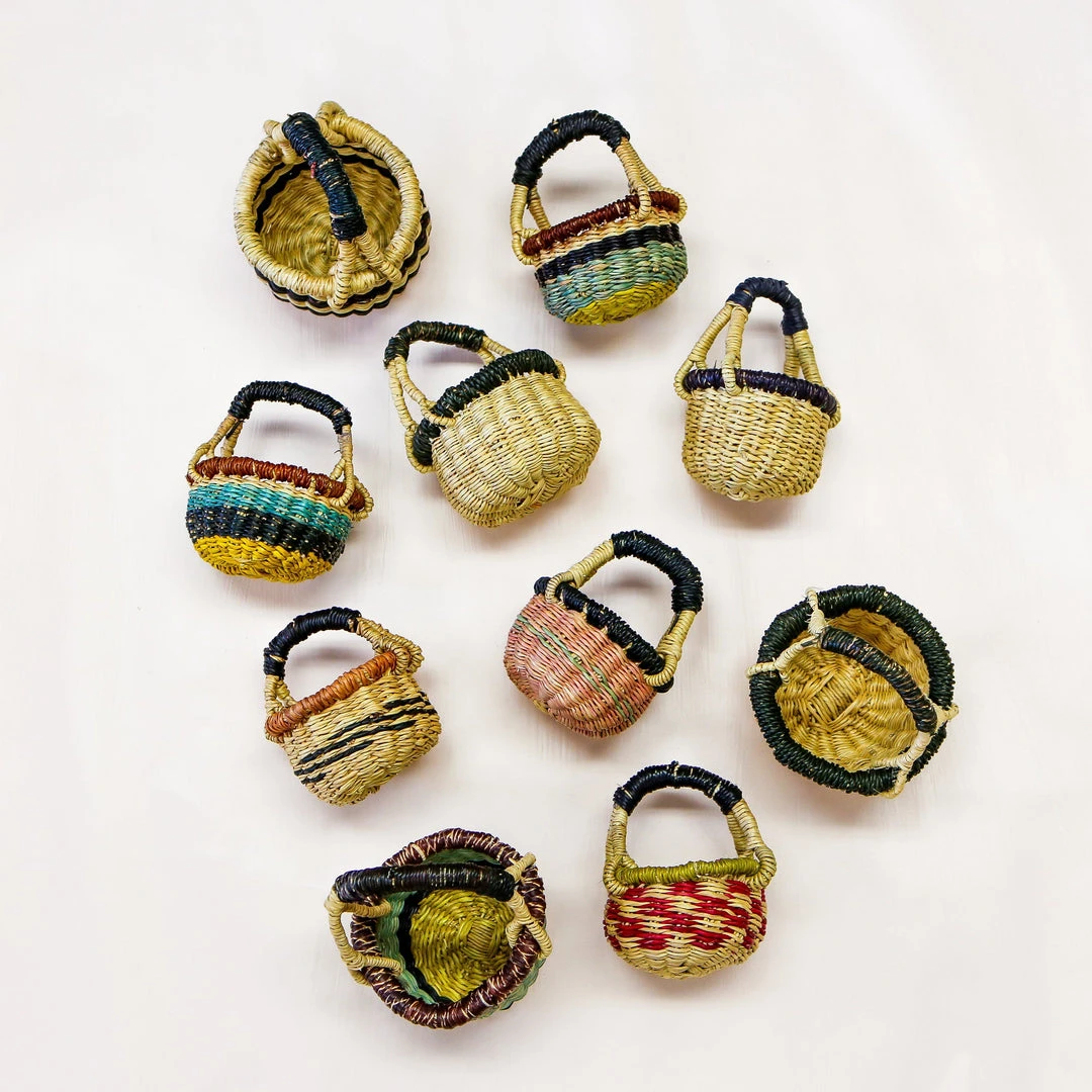 KAZI Petite Bolga Basket Ornament Set - Blue + Black 4 KAZI Petite Bolga Basket Ornament Set - Blue + Black