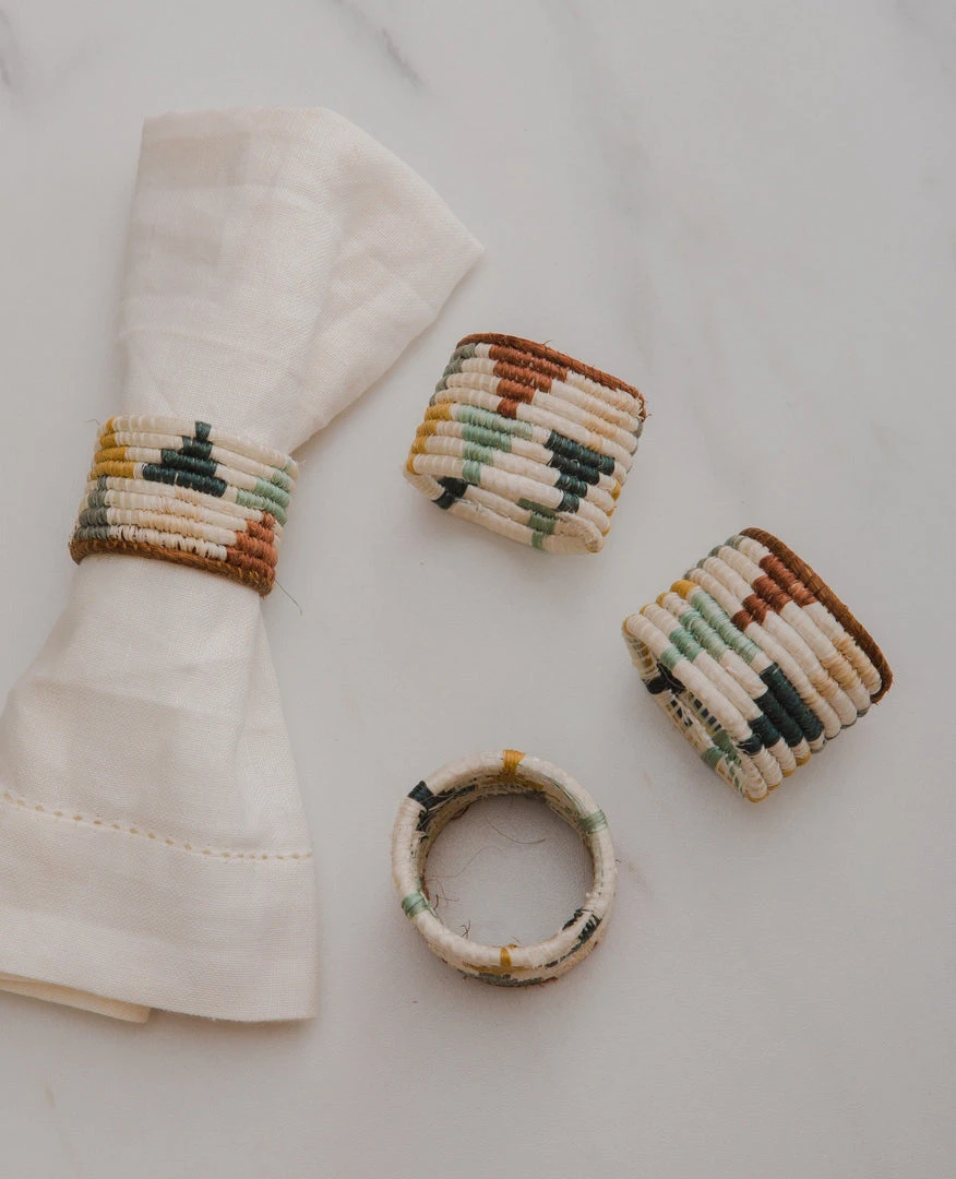 KAZI Sand + Hunter Green Napkin Ring Set 4 KAZI Sand + Hunter Green Napkin Ring Set