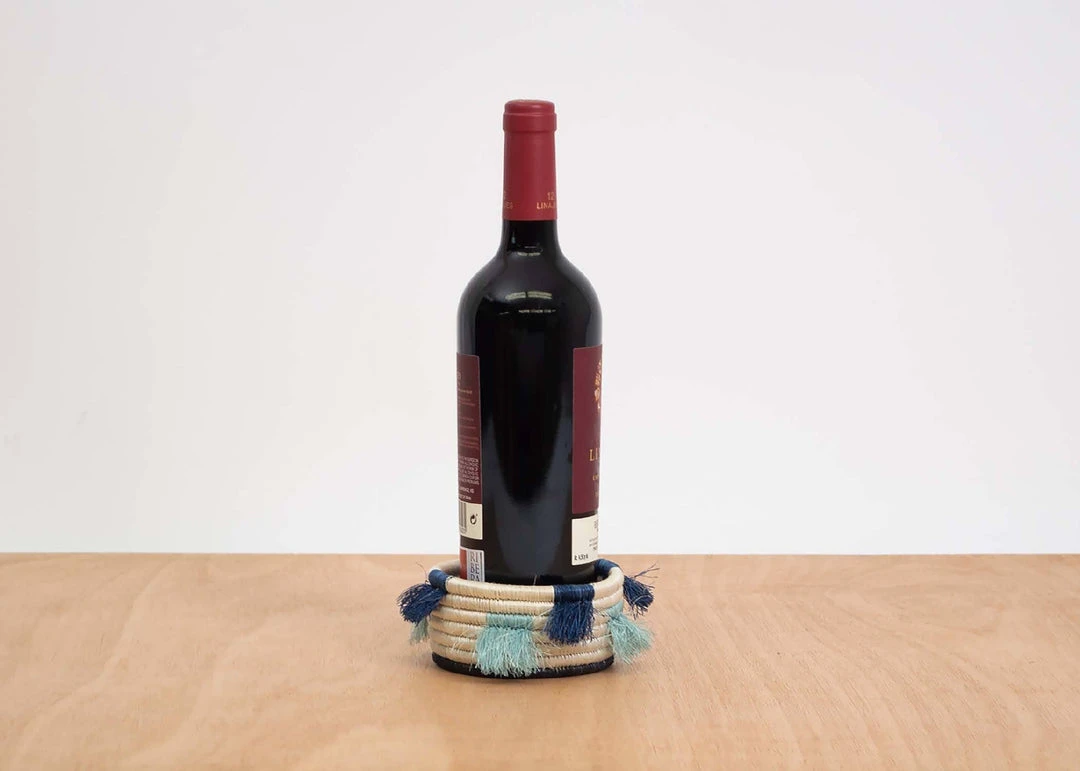 KAZI Home Goods Silver Blue Fringed Wine Bottle Coaster 4 KAZI Home Goods Silver Blue Fringed Wine Bottle Coaster