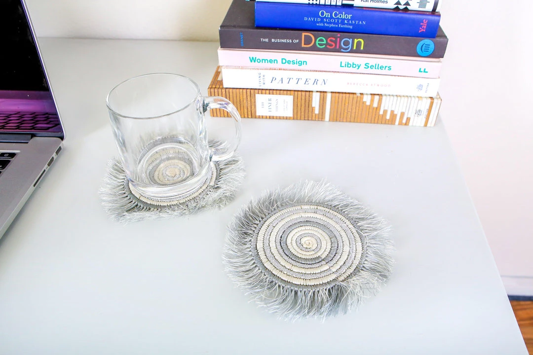 KAZI Silver Metallic Geo Fringed Oversized Coaster Set 4 KAZI Silver Metallic Geo Fringed Oversized Coaster Set