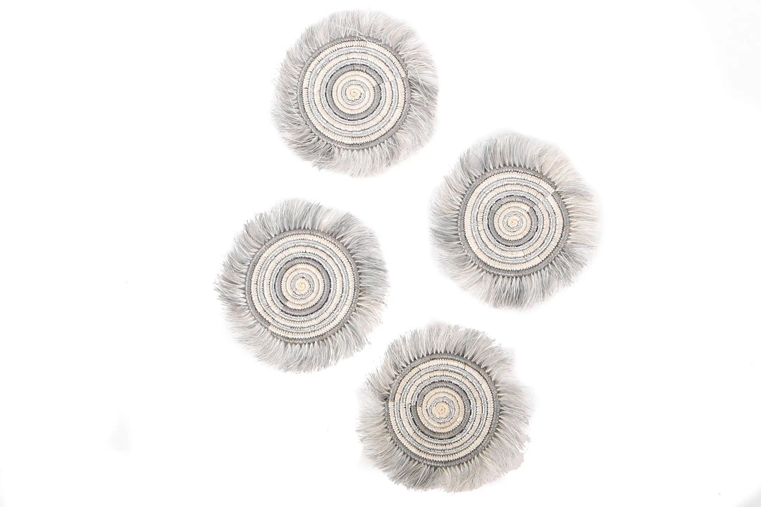 KAZI Silver Metallic Geo Fringed Oversized Coaster Set 3 KAZI Silver Metallic Geo Fringed Oversized Coaster Set