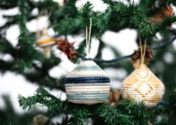 KAZI Fair Trade Striped Soft Blue + Silver Bulb Ornament 6 KAZI Fair Trade Striped Soft Blue + Silver Bulb Ornament