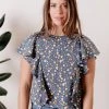 Mata Traders Clothing Flora Blue Spots Flutter Sleeve Top