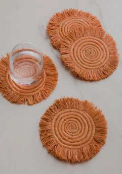 KAZI Home Goods Peach Fringed Raffia Coasters