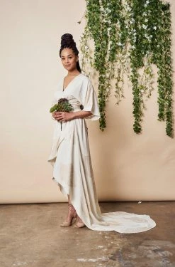 Symbology Peacock Feather Maxi Modal Wrap Dress - Cream + Gold