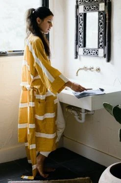 Anchal Home Goods Stripe Unisex Robe - Mustard