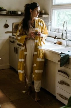 Anchal Home Goods Stripe Unisex Robe - Mustard