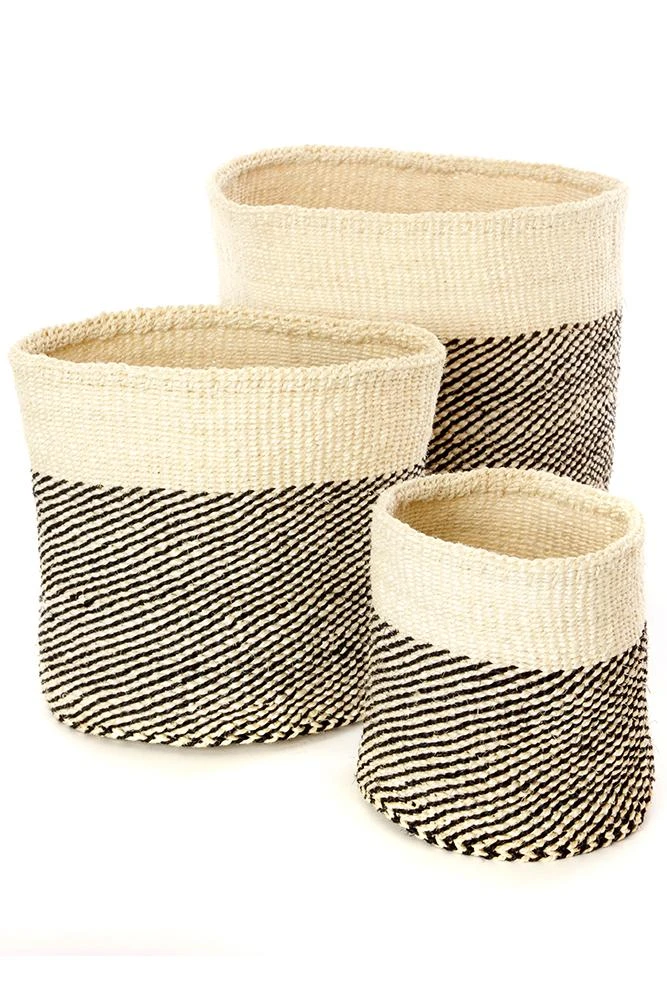 Swahili African Modern Black And Cream Twill Sisal Nesting Basket Set 3 Swahili African Modern Black And Cream Twill Sisal Nesting Basket Set