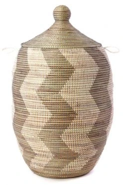 Swahili African Modern Extra Large Silver And White ZigZag Hamper