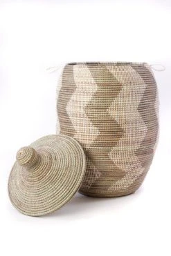 Swahili African Modern Extra Large Silver And White ZigZag Hamper