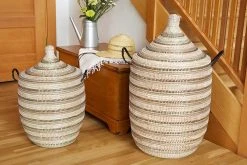 Swahili African Modern Medium Black, Silver + White Striped Laundry Hamper