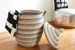 Swahili African Modern Medium Black, Silver + White Striped Laundry Hamper