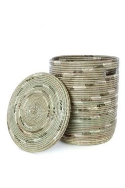 Swahili African Modern Silver Swirl Flat Lid Storage Basket Home Goods