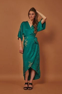 Symbology Cherry Blossom Modal Maxi Wrap Dress - Emerald + Gold Best Sellers