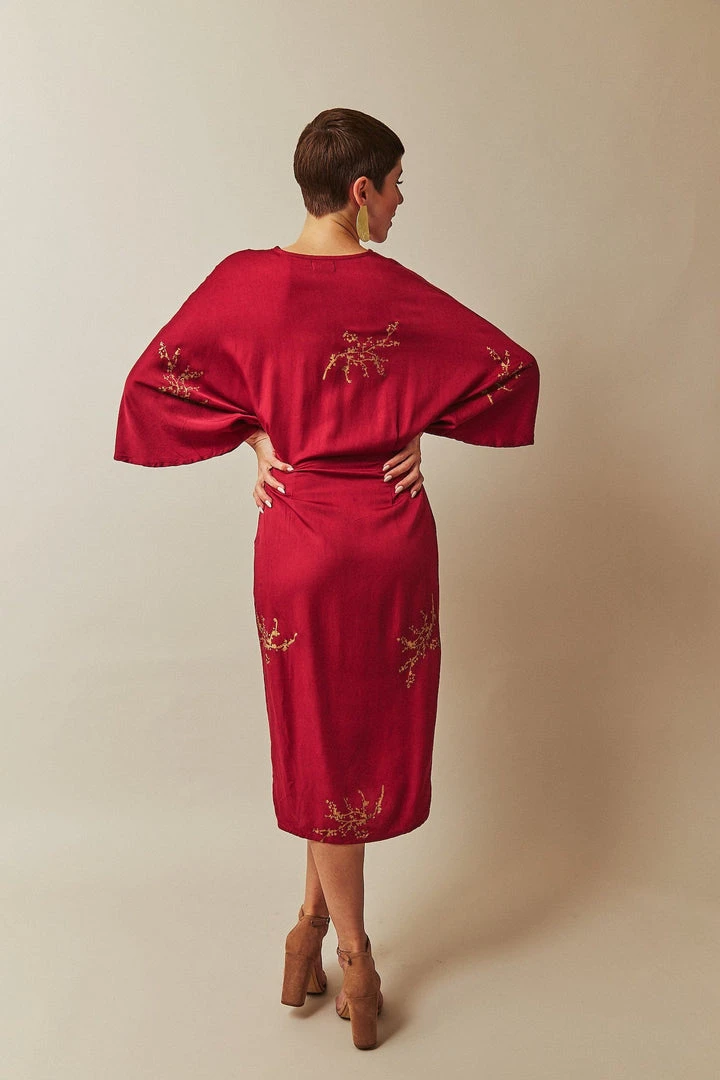 Symbology Cherry Blossom Modal Twisted Midi Dress - Raspberry + Gold 4 Symbology Cherry Blossom Modal Twisted Midi Dress - Raspberry + Gold