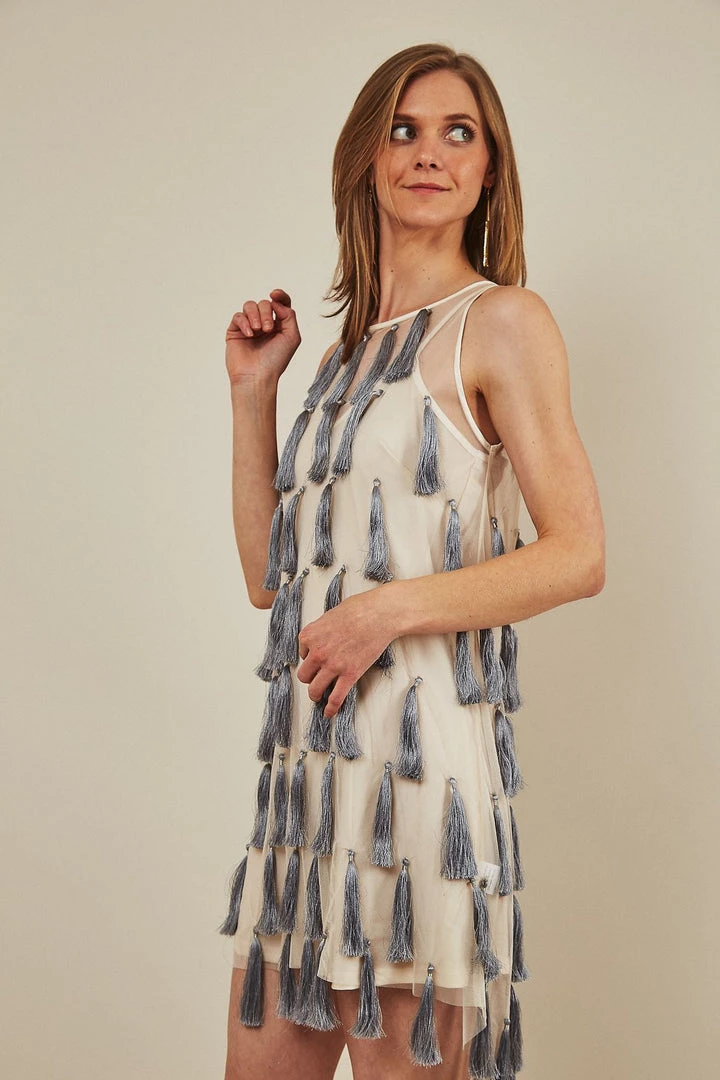 Symbology Flapper Chic Tassel Dress - Cream + Gray 4 Symbology Flapper Chic Tassel Dress - Cream + Gray
