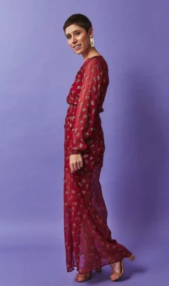 Symbology Sale Ginkgo Leaf Maxi Button Down Dress In Magenta + Gold