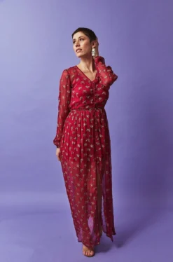 Symbology Sale Ginkgo Leaf Maxi Button Down Dress In Magenta + Gold