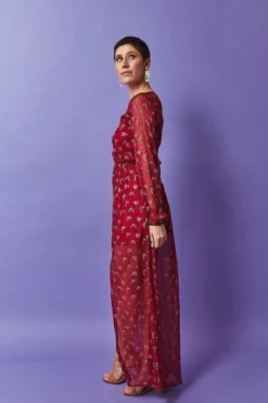 Symbology Sale Ginkgo Leaf Maxi Button Down Dress In Magenta + Gold