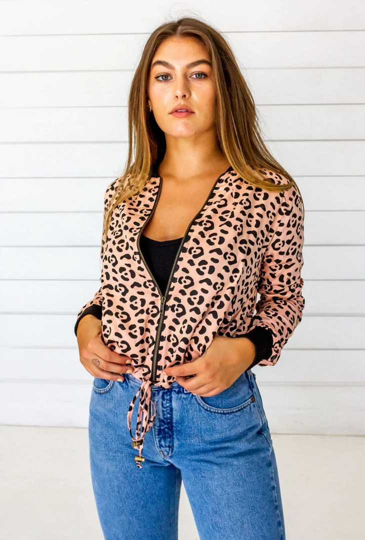 Symbology Leopard Modal Bomber Jacket - Blush + Black Sale 3 Symbology Leopard Modal Bomber Jacket - Blush + Black Sale