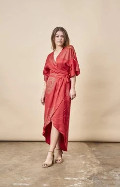 Symbology Best Sellers Peacock Feather Modal Wrap Dress - Lipstick Red + Gold 17 Symbology Best Sellers Peacock Feather Modal Wrap Dress - Lipstick Red + Gold