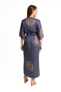 Symbology Best Sellers Peacock Feather Modal Wrap Dress - Navy + Gold