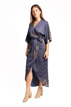 Symbology Best Sellers Peacock Feather Modal Wrap Dress - Navy + Gold