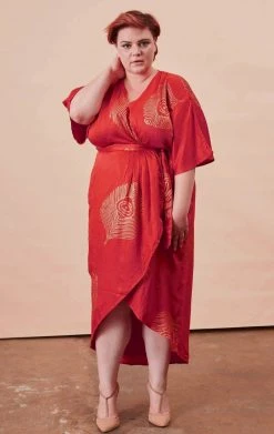 Symbology Best Sellers Peacock Feather Modal Wrap Dress - Lipstick Red + Gold 14 Symbology Best Sellers Peacock Feather Modal Wrap Dress - Lipstick Red + Gold