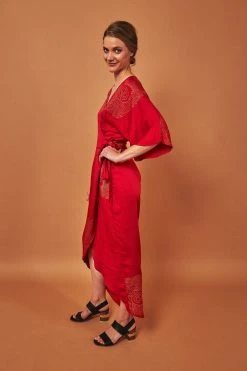 Symbology Best Sellers Peacock Feather Modal Wrap Dress - Lipstick Red + Gold 16 Symbology Best Sellers Peacock Feather Modal Wrap Dress - Lipstick Red + Gold