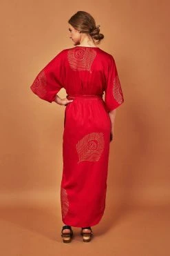 Symbology Best Sellers Peacock Feather Modal Wrap Dress - Lipstick Red + Gold 13 Symbology Best Sellers Peacock Feather Modal Wrap Dress - Lipstick Red + Gold
