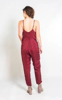 Symbology Special Occasion Silky Strappy Sketched Plaid Jumpsuit - Berry + Black