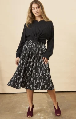 Symbology Sale Stylized Feather Modal Midi Skirt - Black + Cream