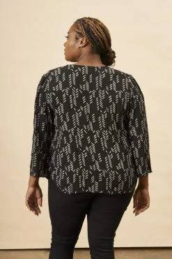 Symbology Stylized Feather Tie Knot Blouse - Black + Cream Clothing