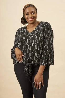 Symbology Stylized Feather Tie Knot Blouse - Black + Cream Clothing