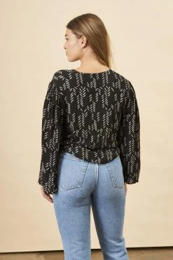 Symbology Stylized Feather Tie Knot Blouse - Black + Cream Clothing